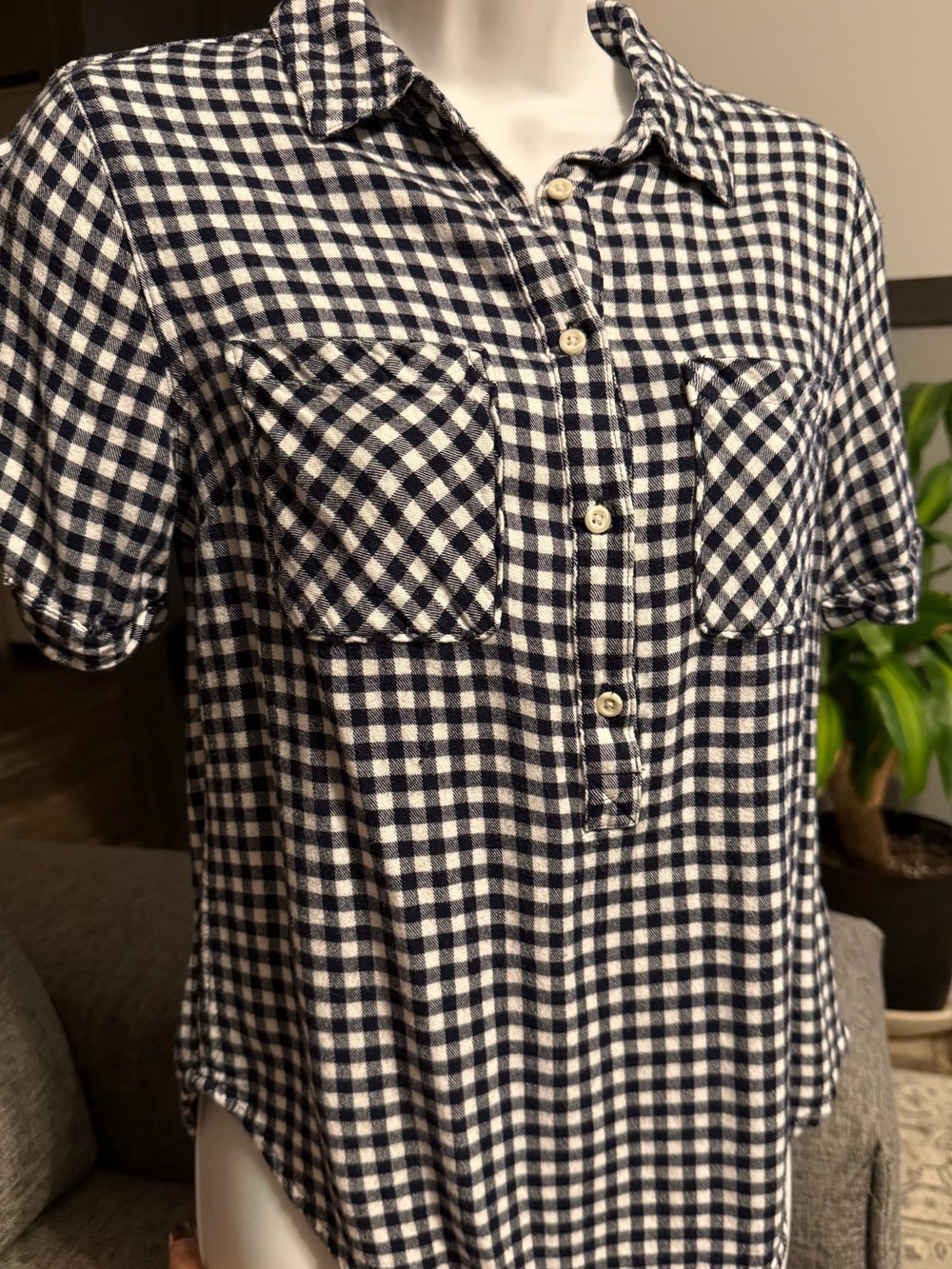 a new day black and White Gingham Button-Up Short Sleeve Top